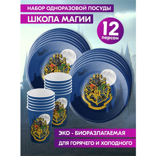 Одноразовая посуда для праздника на день рождения, детская, бумажная Гарри Поттер Harry Potter. Одноразовые тарелки и стаканы на 12 персон фотография