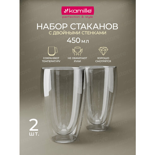 Набор стеклянных стаканов 2 шт. 450 мл. Kamille KM 9003 с двойными стенками (450 мл. / прозрачный) фотография