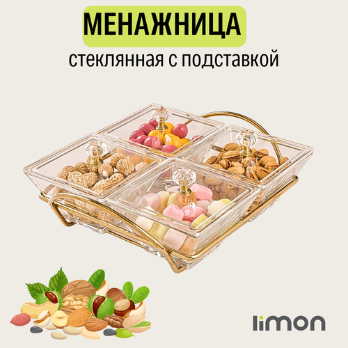 Менажница стеклянная LiMon, с крышками из акрила, на подставке (золотистый) фотография