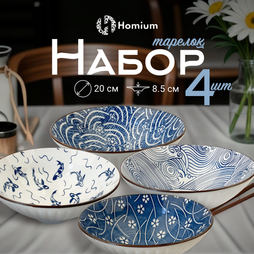 Набор тарелок Homium, Japanese Collection, Очарование, глубокие, 4шт, цвет белый/синий, D20см фотография