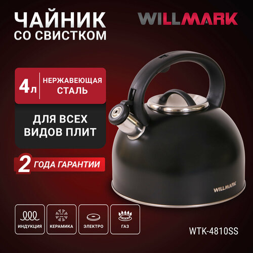 Чайник WILLMARK WTK-4810SS (4л, со свистком, с крышкой, нейлоновая ручка, техн. Easy spout open), Черный фотография